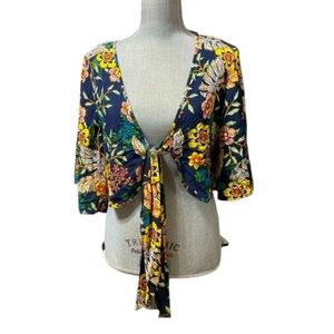 New Look Floral Tie-Front Crop Top Boho Kimono Sleeve Navy Multicolor Size M